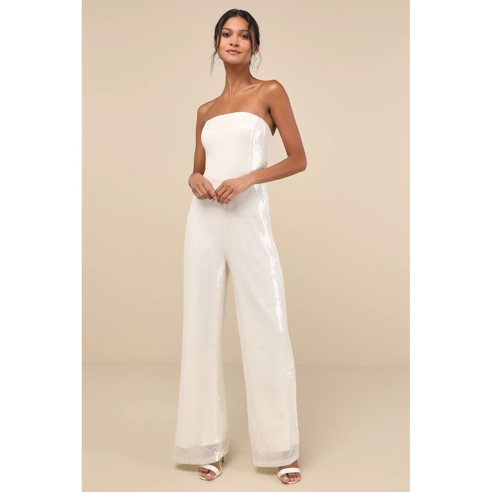 Lulus Cherelle Cream Sequin Strapless Jumpsuit Size Large **Read description